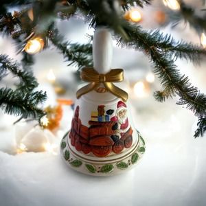 Flambro Vintage Porcelain Christmas Bell with Santa Riding a Train.